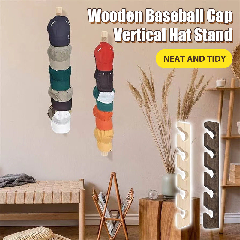 Vertical wooden hat stand for baseball caps