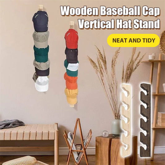 Vertical wooden hat stand for baseball caps