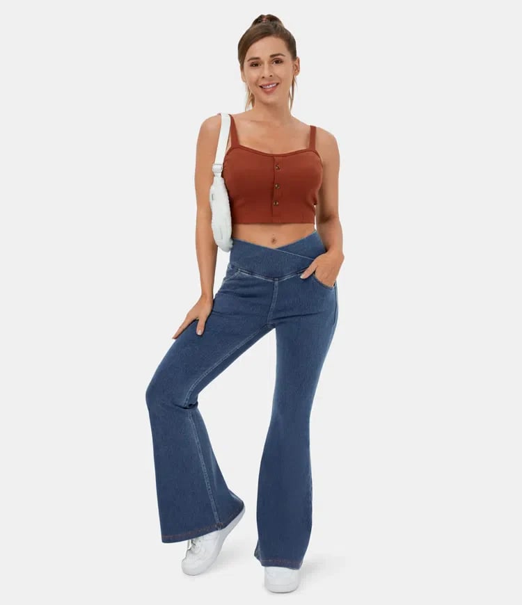 🔥Stretchy Denim High Waisted Crossover Flare Pants👖